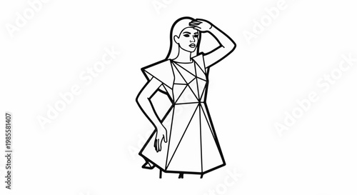 Woman in geometric dress shielding eyes with hand