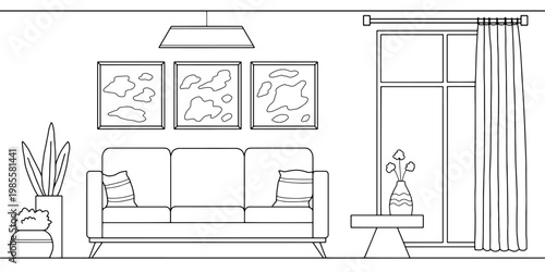 Living room graphic black white interior sketch illustration vector 