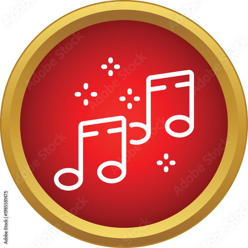 Music notes producing sound surrounded by sparkles within a red circle with a golden frame