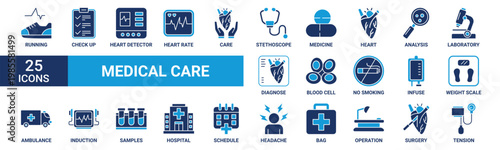 Medical care icon set. Containing check up, heart detector, heart rate, care, stethoscope, medicine and more. Solid vector icons collection.