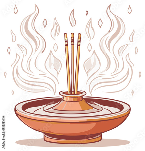Traditional Asian incense burner with three smoking joss sticks for spiritual rituals and worship illustration