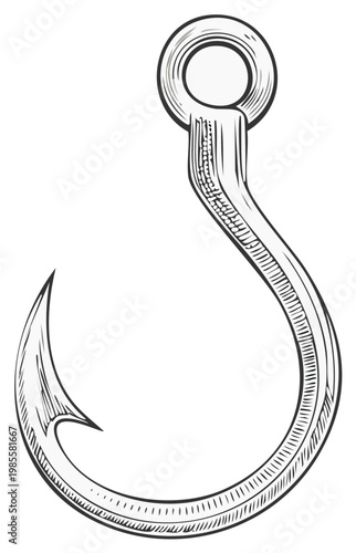 Hand Drawn Illustration of a Fishing Hook: Angling Equipment with Sharp Barbed Point