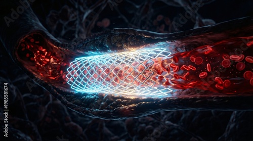 Medical illustration of a coronary stent implanted within a blood vessel allowing blood flow