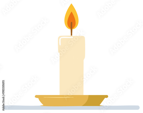 Simple flat design vector illustration of a single lit candle with a burning flame and melting wax