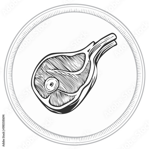 Classic engraved style illustration of a beef steak or lamb chop with bone in a round frame