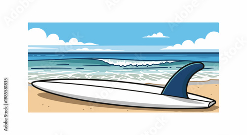 White surfboard with blue fin resting on sandy beach with ocean waves and clouds