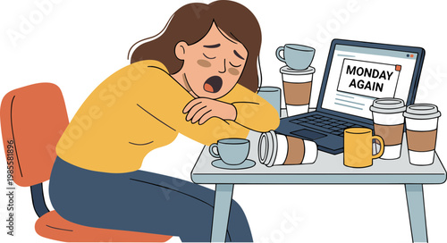Woman falls asleep at desk with laptop and coffee cups on table