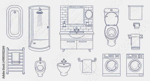 Collection of bathroom fixtures and appliances line drawings.