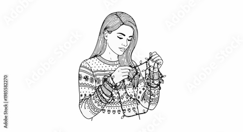 Woman in patterned sweater untangling festive lights