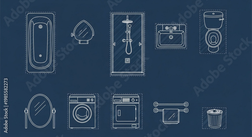 Collection of bathroom fixtures and appliances line art icons.