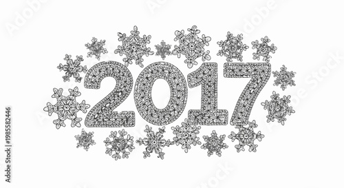 Year 2017 text surrounded by decorative snowflakes, detailed floral patterns