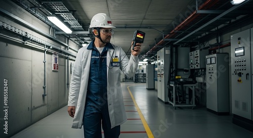 Engineer in Safety Gear Testing Equipment in Industrial Facility