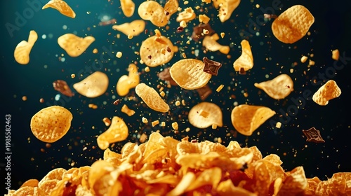 Potato chips burst into air with vivid motion