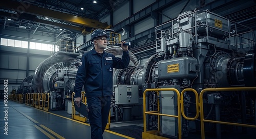 Engineer Inspecting Large Turbine in Industrial Factory