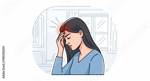 Woman with a headache, grimacing, and holding her forehead in pain