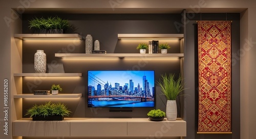Modern TV Wall Unit with LED Shelves and Decorative Panel