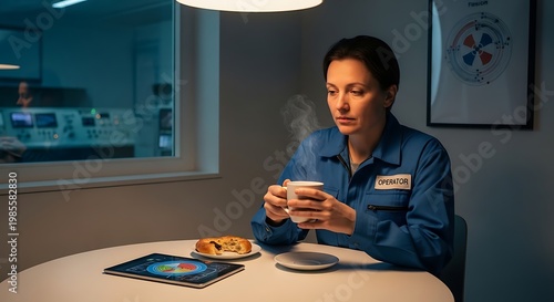 Female Operator Taking a Coffee Break in Control Room