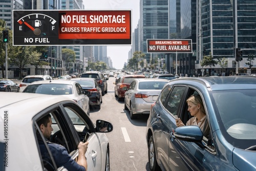 Fuel shortage concept, urban traffic jam with European type adult drivers in cars using phones, frustrated mood, city street, photo, copy space, transport crisis economy disruption