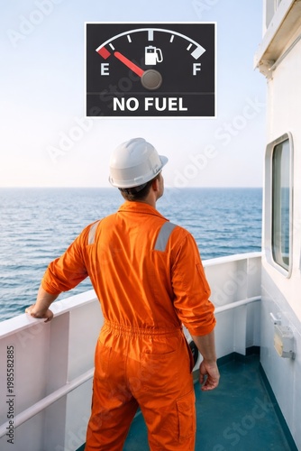 Energy shortage concept, one European type adult man worker in orange uniform and helmet standing on ship deck looking at sea, serious mood, vertical photo, copy space, maritime logistics crisis