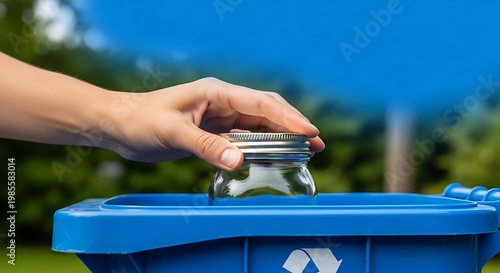 Hand Placing Glass Jar in Blue Recycling Bin