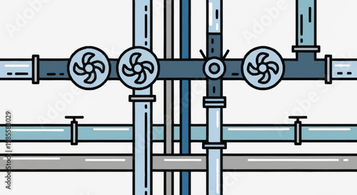 Industrial piping system with valves and tubes.