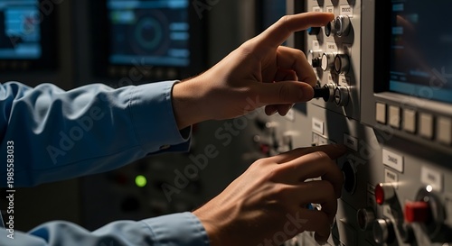 Hands Operating Industrial Control Panel Knobs and Switches