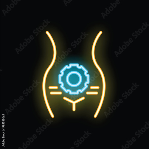 Neon sign illustrating the concept of in vitro fertilization with a gear replacing the uterus