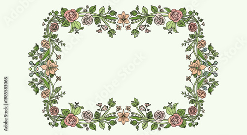Decorative floral frame featuring roses leaves and buds in pastel shades ornate botanical border for invitations and greeting cards