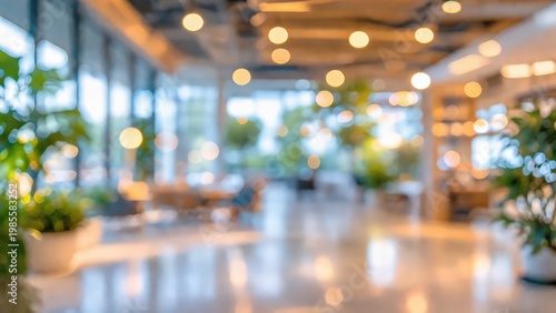 blurred abstract background office lobby modern interior corporate workspace cafe bokeh lights bright lobby meeting area hall commercial space