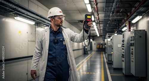 Industrial Technician Using Measuring Device in Facility