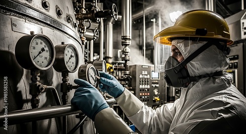 Industrial Worker in Full PPE Adjusting Pressure Gauges