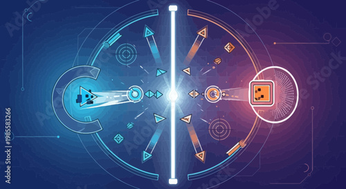 Abstract digital art featuring blue triangle and orange square shapes colliding with bright central light modern graphic design with geometric elements