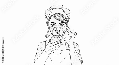 Woman with bear-themed headband and makeup applying product