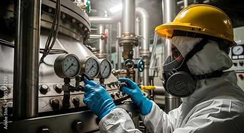 Industrial Worker in Hazmat Suit Monitoring Pressure Gauges