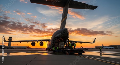 Military Transport Plane Loading Cargo at Sunset