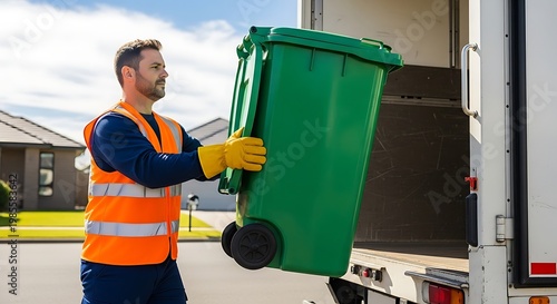 Professional Waste Management Worker Loading a Green Bin