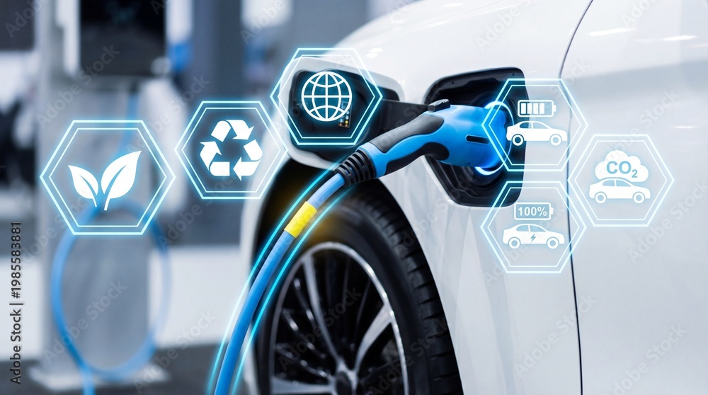 Naklejka premium Electric car charging with eco-friendly technology icons displayed