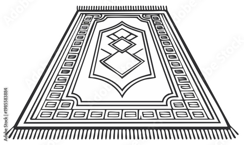 Islamic Prayer Rug with Geometric Pattern and Fringe
