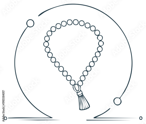 Islamic Prayer Beads Rosary Tasbih with Tassel Icon Graphic Line Art