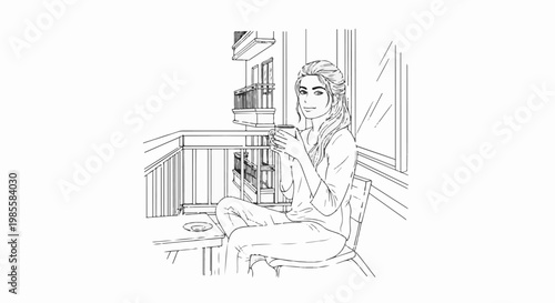 Woman with coffee on balcony, enjoying a peaceful morning view