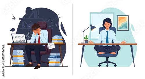 Split-screen illustration contrasting a stressed businessman working at a cluttered desk with a meditating businesswoman at a clean desk, conveying a calm and productive mood