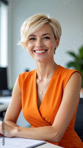 a smiling blonde woman with short hair wearing an orange dress sitting at the desk in the office	