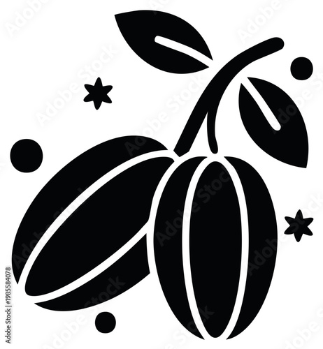 Stylized black and white illustration of cacao pods on a branch with leaves