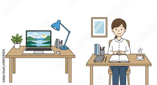 Illustration of a woman studying with an open book at her desk with steaming coffee in a brightly lit room, depicted in a flat vector style against a white background, creating a calm scene