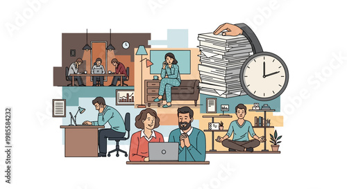 Stylized illustration depicts a series of vignettes showing diverse people working, meditating, and overwhelmed by paperwork against a clean white background, conveying a stressful and busy