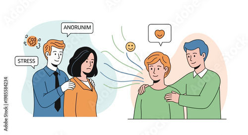 Vector illustration depicting a supportive man comforting a sad woman with stress, then showing the relieved man with a happy emotion in front of a clean white background