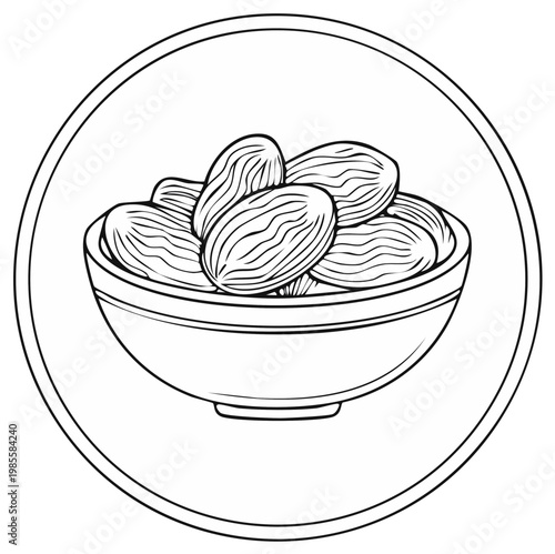 A bowl of plump dates in a circular frame, simple line drawing illustration