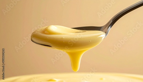 Close-up of thick, creamy yellow custard dripping from a silver spoon against a neutral background