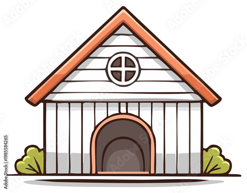 A cheerful cartoon dog house illustration with an orange gable roof and a round window