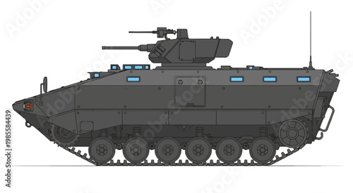 Dark gray armored personnel carrier illustration with detailed tracks and turret weaponry on a white background military vehicle design